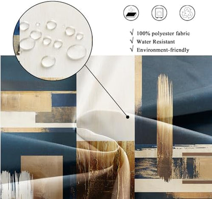 Riyidecor Navy Blue Gold Abstract Shower Curtain for Bathroom Decor 72Wx72H Boho Beige Oil Painting Modern Neutral Aesthetic Artistic Art Printed Fabric Polyester Waterproof 12 Pack Plastic Hooks