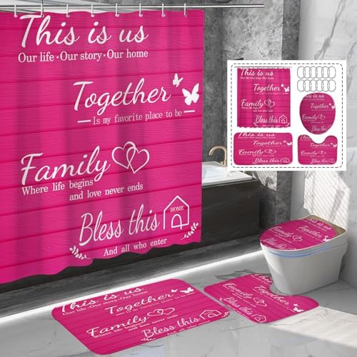 4Pcs Family Shower Curtain Sets with Non-Slip Rugs