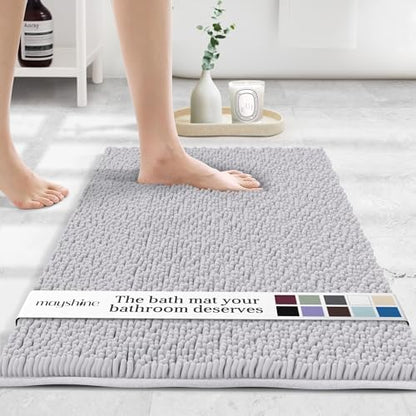 MAYSHINE Small Plush Shaggy Chenille Bath Mat 24"x17" Extra Soft, Super Absorbent, Non-Slip Bathroom Rug | Fluffy Microfiber, Area Rug Sets for Bathroom Floor, Kitchen, Living Room, White