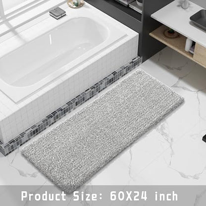 Yimobra Luxury Bathroom Rugs, Fluffy Bath Mats, Non Slip, Water Absorbent Microfiber, Machine Washable, Plush Runner Shower Rugs, Thick Matts for Bathroom Floor&Tub, 60" X 24", Light Gray and White