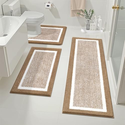 Pauwer Bathroom Rugs 3 Piece Set, Non Slip Washable Bath Mat, Khaki