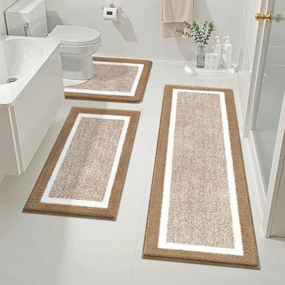 Pauwer Bathroom Rugs 3 Piece Set, Non Slip Washable Bath Mat, Khaki