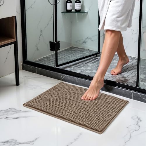 SUBRTEX Bathroom Rugs Chenille Bath Rug Soft Short Plush Bath Mat Soft Shower Mat Water Absorbent Shower Mat Quick Dry Machine Washable(Taupe Brown,18" x 24")