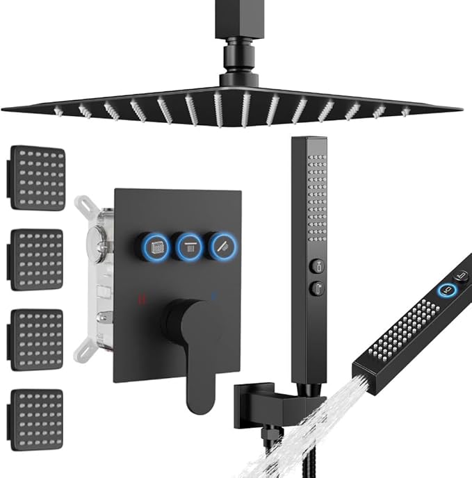 Shower System with Body Jets, STARBATH 12" Rainfall Showerhead with 2 in 1 Handheld Spray, Can Use All at Once, Wall Mount Push Button Complete Shower Faucet Set with Valve and Trim Kit Matte Black