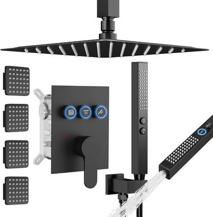 Shower System with Body Jets, STARBATH 12" Rainfall Showerhead with 2 in 1 Handheld Spray, Can Use All at Once, Wall Mount Push Button Complete Shower Faucet Set with Valve and Trim Kit Matte Black