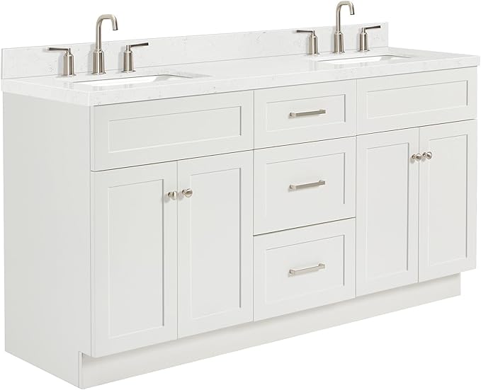 ARIEL Hamlet 66-inch Bathroom Vanity with Sink,Solid Wood, 1.5-inch Carrara White Quartz Countertop & Backsplash, Double Rectangular Porcelain Sink, 4 Soft Closing Doors, 3 Dovetail Drawers, White