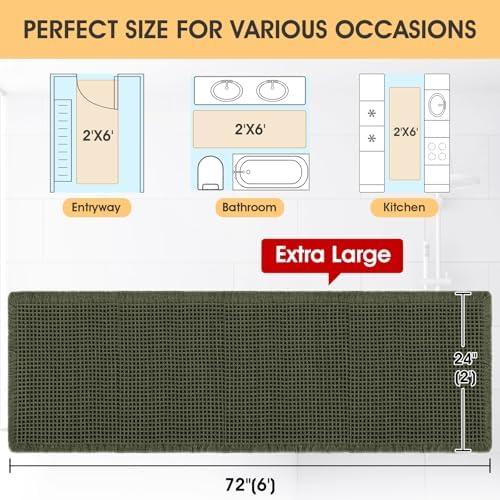 IM HOME Extra Large Waffle Bath Mat Dark Green 6'x2'(72" x 24"), Boho Woven Modern Bath Mat Rugs, Absorbent Non Slip Bathroom Rugs, Soft Washable Bath Rugs with Tassels for Bathroom
