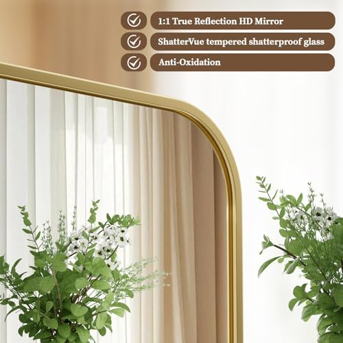 BEAUTYPEAK 24" x 36" Rectangular Aluminum Alloy Frame Wall Mounted Bathroom Mirror with Rounded Corners, Gold