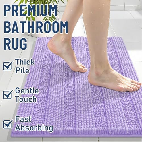 Grandaily Chenille Striped Bathroom Rugs 36x24, Extra Thick and Soft Absorbent Bath Mats, Rubber Backing, Plush Shaggy Shower Carpet, Machine Wash Dry, Bath Rug for Bathroom, Light Purple