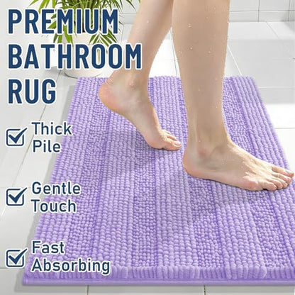 Grandaily Chenille Striped Bathroom Rugs 36x24, Extra Thick and Soft Absorbent Bath Mats, Rubber Backing, Plush Shaggy Shower Carpet, Machine Wash Dry, Bath Rug for Bathroom, Light Purple