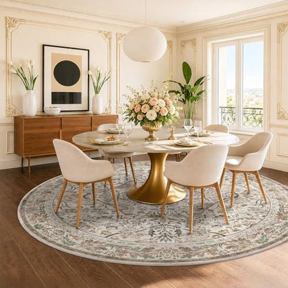 Hazo Haus Large 8ft Area Round Rug for Living Room - Vintage Circular Rug for Kids Bedroom, Dining Room, Home Office, Washable Floral Low Pile Non Slip, Moss Green & Olive Indoor Aesthetic Décor