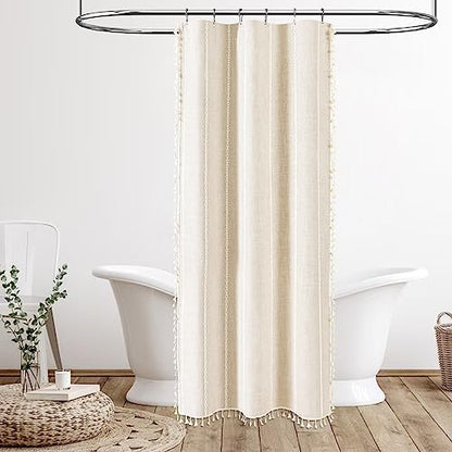BTTN Small Boho Linen Heavy Duty Cloth Shower Curtain, 36x72, Cream/Beige