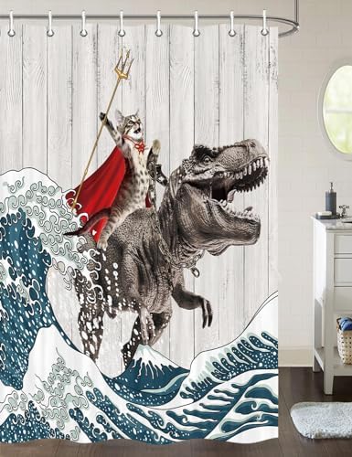 Funny Cat Shower Curtain Riding Hilarious Dinosaur Surfing Cool Japan Anime Shower Curtain Funny Japanese Cat for Boys Men Waterproof Polyester Fabric Bathroom Bathtub 54Wx72H Inch