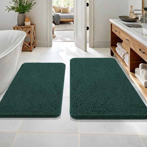 OLANLY Chenille Bathroom Rugs Sets 2 Piece, 36"x24"+30"x20", Blackish Green