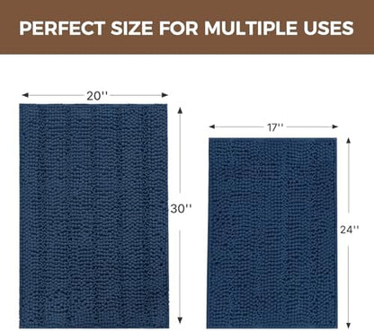 Bcoimo Bath Rug Mat Sets, 2 Piece High Absorbent Chenille Bathroom Mat Navy