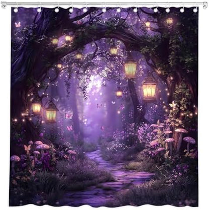 Fantasy Forest Path Shower Curtain Purple Fairy Magical Enchanted Misty Jungle Mushroom Floral Tree Butterfly Lantern Wonderland Bath Curtain Fabric Bathroom Accessories Decor with Hooks 70W x84L