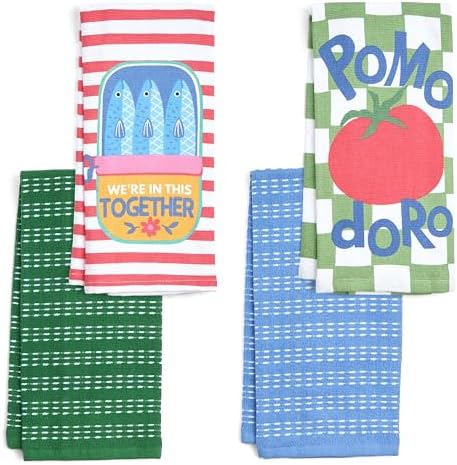Ritz 4-Piece Kitchen Towel Set, Sardines & Pomodoro Tomato Prints with Pine Green & Blue Textured Terry, 100% Cotton & Absorbent Blend, 16" x 26", Vintage Italian Inspired Foodie Kitchen Decor