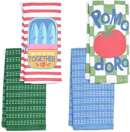 Ritz 4-Piece Kitchen Towel Set, Sardines & Pomodoro Tomato Prints with Pine Green & Blue Textured Terry, 100% Cotton & Absorbent Blend, 16" x 26", Vintage Italian Inspired Foodie Kitchen Decor