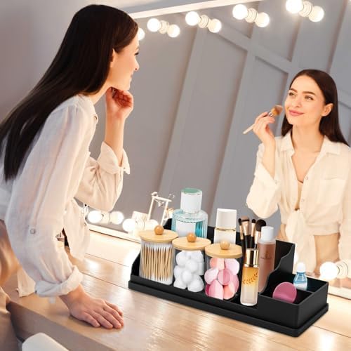 Bathroom Counter Organizer, Black Silicone Toothbrush Holders for Bathrooms Organizer Countertop with 3PCS Qtip Holder, Toothbrush and Toothpaste Holder for Bathroom Organization Storage Vanity