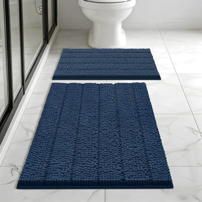 Bcoimo Bath Rug Mat Sets, 2 Piece High Absorbent Chenille Bathroom Mat Navy