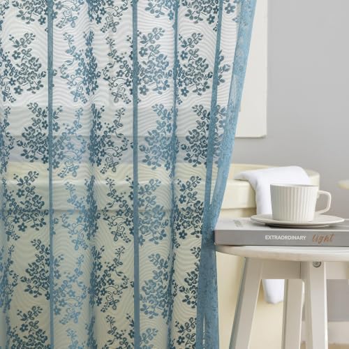 TUDECO Slate Blue Lace Shower Curtain with Valance, 72x72 Inch, 1 Panel