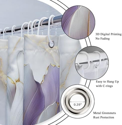 Purple Gold Marble Floral Modern 4Pcs Bathroom Shower Curtain Set with Rugs
