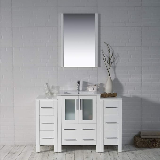 Blossom 48" Solid Wood Bathroom Vanity w/Ceramic Sink & Double Side Cabinet, Freestanding Sink Vanity, Soft-Close Drawers, Tempered Glass Doors, Ceramic Top & Side Cabinet, Glossy White