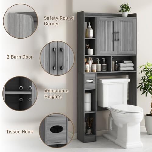 Vabches Farmhouse Over The Toilet Storage Cabinet with Barn Door, Wash Grey