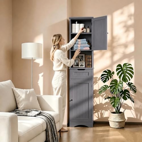 Gizoon 67” H Tall Bathroom Storage Cabinet, Narrow Storage Cabinet, Grey