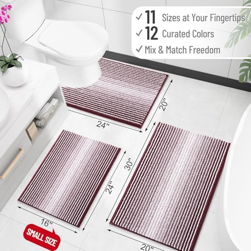 OLANLY Bathroom Runner Rugs 47x17, Chenille Striped Bath Rugs, Burgundy