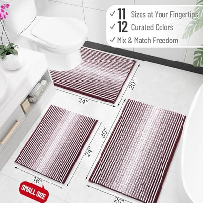 OLANLY Bathroom Runner Rugs 47x17, Chenille Striped Bath Rugs, Burgundy