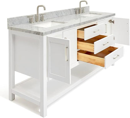 DKB Olivia 72-Inch White Double Bathroom Vanity, 1.5-Inch Edge Italian Carrara Marble Countertop & Splash, Rectangular Sinks, 4 Soft Closing Doors, 3 Dovetail Drawers, Open Shelf, Brushed Nickel