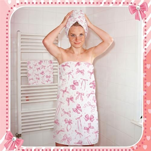 Moukeren Set of 3 Pink Bow Bath Towels, Decorative Towels for Bathroom