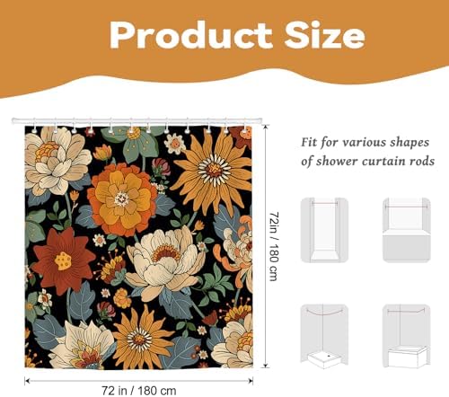 Black Boho Floral Shower Curtain for Bathroom 72 x 72 inch