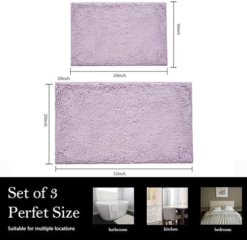 Bathroom Rugs Chenille Bath mat 2 Piece Set, Super Absorbent, PVC Non Slip Backing, Bath mats for Bathroom, Plush Shaggy, Thick, Machine Washable, Bathtub, Shower, Toilet.(Lavender)