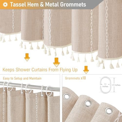 BTTN 60x72 Boho Farmhouse Linen Heavy Duty Shower Curtain Set, Tan/Taupe