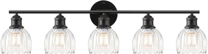 Bathroom Light Fixtures, 5-Light Brushed Black Vanity Lights for Bathroom with Clear Tulip Glass Shade, 30" Vintage Bathroom Vanity Lighting Fixtures Over Mirror for Bedroom Living Room Hallway