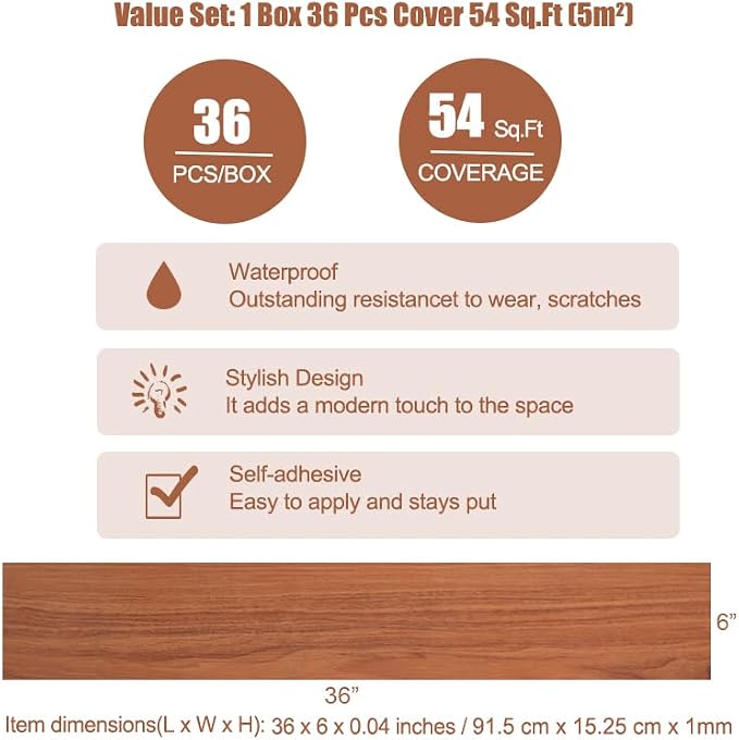 Hilarious Peel and Stick Vinyl Floor Tiles, Red Mahogany Wood 36 PCS 54 Sq.Ft Waterproof Stick On Flooring Self Adhesive Vinyl Flooring Stick on Tiles Vinyl Plank DIY for Bathroom Kitchen Living Room