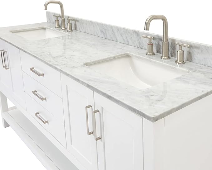 ARIEL Magnolia 72-inch Bathroom Vanity with Sink,Solid Wood, 0.75-inch Italian Carrara Marble Countertop, Double Rectangular Porcelain Sink, 4 Soft Closing Doors, 3 Dovetail Drawers, White