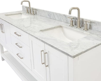 ARIEL Magnolia 72-inch Bathroom Vanity with Sink,Solid Wood, 0.75-inch Italian Carrara Marble Countertop, Double Rectangular Porcelain Sink, 4 Soft Closing Doors, 3 Dovetail Drawers, White