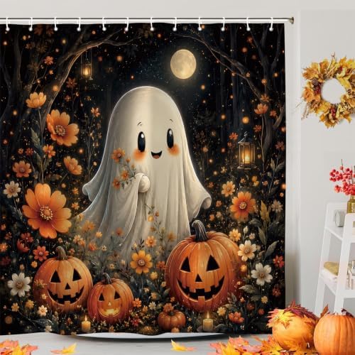 Halloween Shower Curtain, Funny Spooky Pumpkin Floral Shower Curtains Set for Bathroom, Waterproof Polyester Bathroom Decor Accessories with Hooks, 72x72 Inch