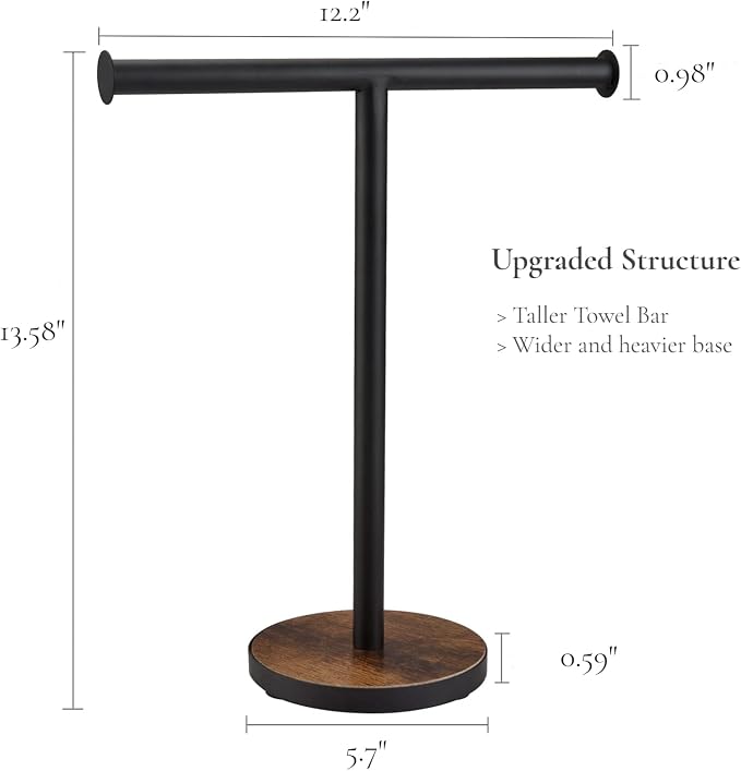 Hand Towel Holder Stand, Countertop Towel Stand for Bathroom | T-Shaped Kitchen Towel Rack with Weighted Wood Base, Western Bathroom Decor, Rustic Black and Brown