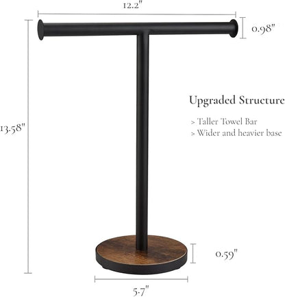 Hand Towel Holder Stand, Countertop Towel Stand for Bathroom | T-Shaped Kitchen Towel Rack with Weighted Wood Base, Western Bathroom Decor, Rustic Black and Brown