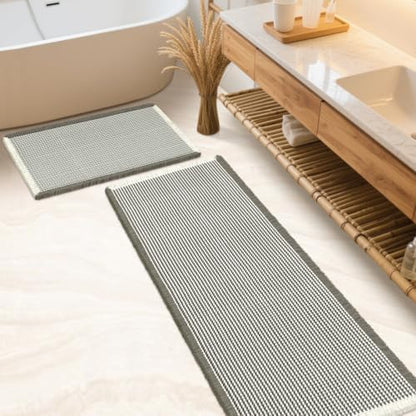 IM HOME Waffle Bath Mat Set 2 Piece Green & Cream,Woven Modern Bath Rug Mats, Absorbent Non Slip Bath Floor Mat, Soft Washable Boho Bath Rugs with Tassels for Bathroom, Bedroom, Kitchen,Tub