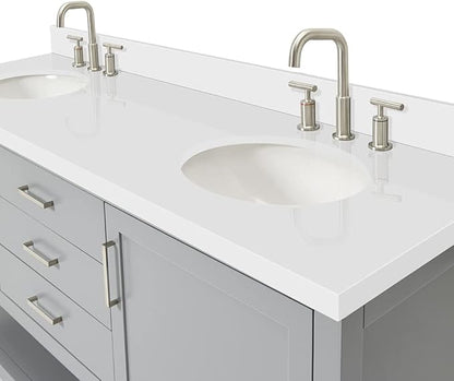ARIEL Bayhill 72-inch Bathroom Vanity with Sink,Solid Wood, 1.5-inch Pure White Quartz Countertop & Backsplash, Double Oval Porcelain Sink, 2 Soft Closing Doors, 3 Dovetail Drawers, Grey