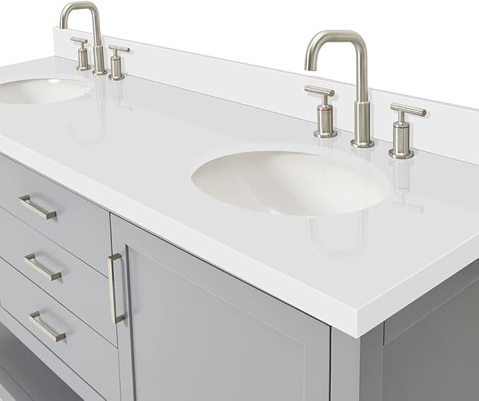 ARIEL Bayhill 72-inch Bathroom Vanity with Sink,Solid Wood, 1.5-inch Pure White Quartz Countertop & Backsplash, Double Oval Porcelain Sink, 2 Soft Closing Doors, 3 Dovetail Drawers, Grey