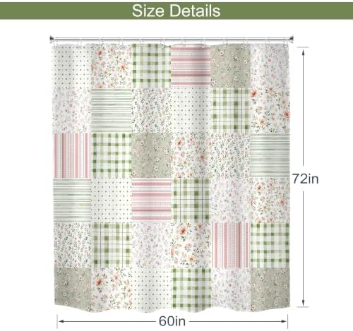 MESHELLY Boho Floral Patchwork Shower Curtain 60Wx72H Vintage Checkered Sage Green Plaid Pink Striped Country Gingham Bathroom Curtain Farmhouse Bath Curtain Bathroom Accessories Decor with 12 Hooks