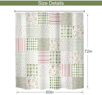 MESHELLY Boho Floral Patchwork Shower Curtain 60Wx72H Vintage Checkered Sage Green Plaid Pink Striped Country Gingham Bathroom Curtain Farmhouse Bath Curtain Bathroom Accessories Decor with 12 Hooks