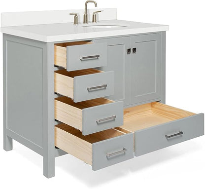 ARIEL Cambridge 42-inch Bathroom Vanity with Sink,Solid Wood, 1.5-inch Pure White Quartz Countertop & Backsplash, Single Oval Porcelain Sink, 2 Soft Closing Doors, 5 Dovetail Drawers, Grey
