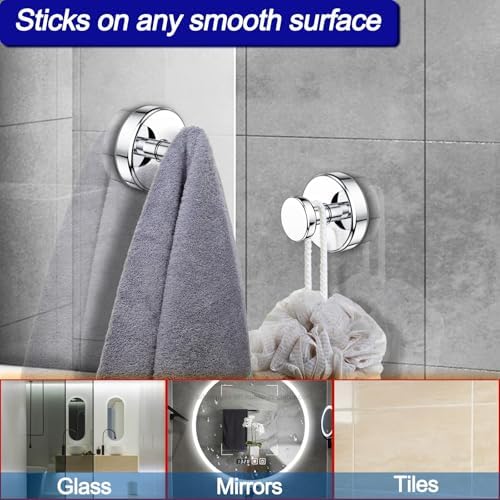 Bntuk Suction Cup Hooks for Shower, Removable Towel Hooks for Bathroom Window Glass Door Wall, Bath Robe Looafh Hook for Hanging - 4 Pack, Chrome